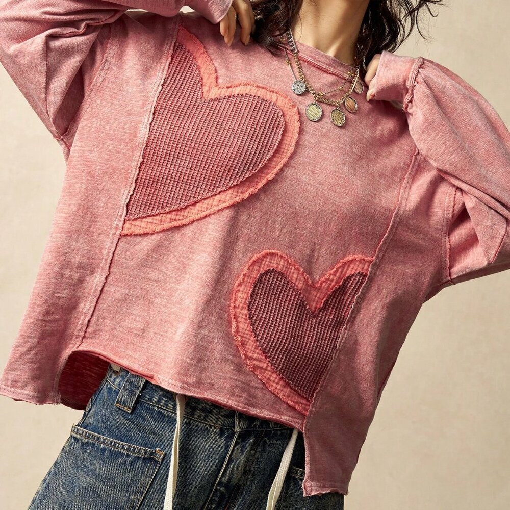 Red Casual Women's Loose Washed Long Sleeve Knit Crew Neck T-Shirt